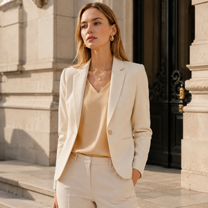 Blazer Beige para Mujer al por Mayor, Mezcla de Viscosa/Poliéster, Cuello de Solapa, Manga Larga, Transpirable, Antiarrugas, Color Sólido, Corte Regular - Product Image 1