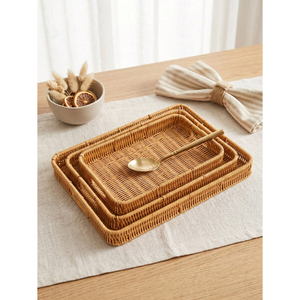 Round Eco-Friendly Natural Rattan Serving <b>Tray</b> With Wood Handles Handwoven Wicker Storage <b>Basket</b> Platter For Coffee Table Decor - Product Image 5