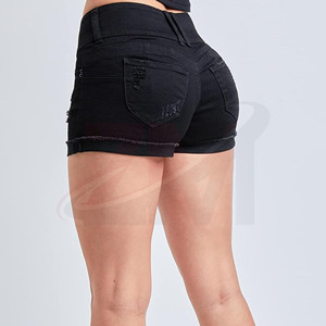 Shorts de Mezclilla Desgastados de Cintura Alta para Mujer, Corte Ajustado, Color Negro Sólido, Shorts Casuales de Verano con Detalles de Agujeros y Logotipo Personalizado - Product Image 3