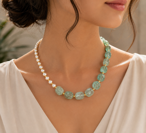Luxury 18K Gold Plated Natural Aquamarine & Freshwater Pearl Beaded <b>Statement</b> <b>Necklace</b> for Wedding and Party Occasions - Product Image 1