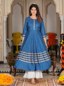 Womens Blue Rayon Golden Buti Printed Anarkali Kurta With Round Neck <b>Three</b> Fourth Sleeves Crafted For Global Ethnic Casual Wear - Product Image 5