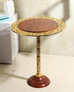 Traditional Rosewood Top Brass <b>Console</b> <b>Table</b> with Pedestal Base Handmade Antique Living Room Furniture 56cm Diameter - Product Image 1