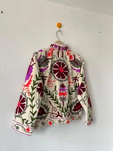 Bata de mujer con cuello en V, 100% algodón, reversible, con bordado floral azul, tipo kimono largo, con cinturón, para estar en casa, hecha a mano - Product Image 3
