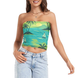 Top de tubo sin tirantes con estampado de playa tropical para mujer, top bandeau con estampado de atardecer, ropa a precio económico con personalización. - Product Image 3