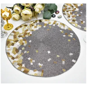 Beaded Placemat 12x12 Inches Eco-Friendly Handmade Customizable Color <b>Glass</b> Beads Polyester Modern Luxury Dining <b>Table</b> <b>Mats</b> - Product Image 3