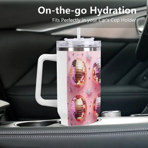 Vaso de acero inoxidable de 40 oz con asa y diseño de bola de discoteca rosa para uso en la oficina - Product Image 3
