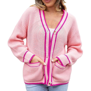 Colección GREEK IND, Cárdigan Rosa de Punto para Mujer, con Ribete Rosa Brillante y Cierre de Botones, Suéter para la Escuela o Universidad - Product Image 1
