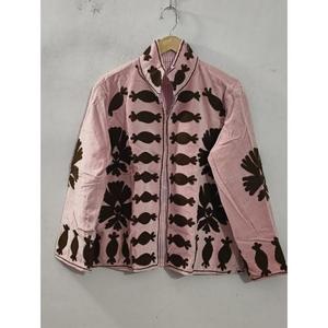 Pink Hand Embroidered Floral Pattern Mandarin Collar <b>Blazer</b> Full Sleeve Breathable Cotton Women's Autumn Winter Wear - Product Image 1