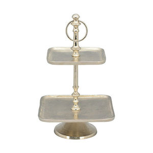 Support à gâteau carré à 2 niveaux en aluminium argenté fait main, style vintage, pour présentation de desserts et service lors de mariages - Product Image 1