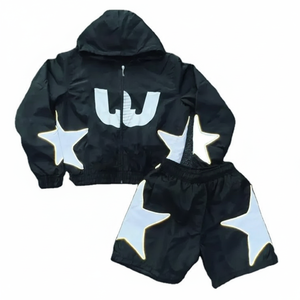 Conjunto de verano personalizado con capucha, corte regular, nailon ligero, estampado con bloques de color, logotipo bordado, resistente al viento y al agua. - Product Image 2