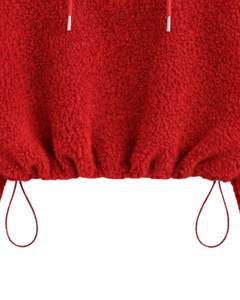 Sweat à capuche court en polaire texturée rouge personnalisé, avec fermeture éclair quart de tour, ourlet à cordon de serrage réglable, style streetwear décontracté, pull chaud pour homme, logo personnalisé - Product Image 4