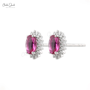 Pendientes listos para enviar, turmalina rosa natural de corte ovalado de 6x4 mm y halo de diamantes G-H con oro blanco puro de 14k. - Product Image 1