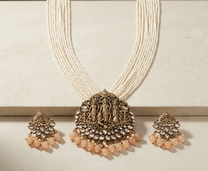 Ensemble de colliers Ram Darbar plaqué or, bijoux de temple avec perles de pêche et collier de perles, bijoux de mariage traditionnels indiens pour mariée - Product Image 4