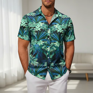 Chemise hawaïenne pour homme à manches courtes, imprimé palmiers, col rabattu, chemise d'été pour les vacances, tissu popeline respirant - Product Image 3