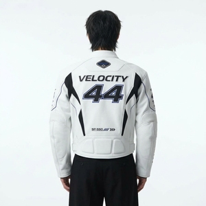 Velocity 44 Men's Motorcycle Jacket White Stand Collar Zipper Breathable Moto <b>Biker</b> Style <b>Patch</b> Designs - Product Image 2