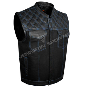 High Quality Diamond Cut Genuine Leather&Canvas Winter Formal Street Wear Motorcycle <b>Vest</b> Slim Sleeveless Design - Product Image 2