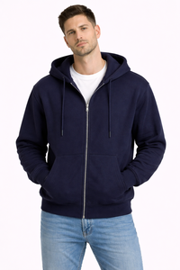 Sweat-shirt à capuche bleu marine pour homme avec fermeture éclair intégrale, capuche à cordon de serrage, poches kangourou sur le devant et poignets côtelés – Style décontracté classique - Product Image 4