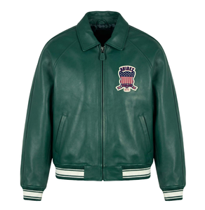 Chaqueta Bomber Avirex de Cuero Vacuno Verde Bosque para Hombre, Estilo Urbano, con Ribete Frontal de Punto y Puños a Rayas, Cuello de Solapa de Cuero - Product Image 1