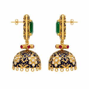 Handcrafted Blue Enamel Jhumka Earrings | Carved Green Stone & Green <b>Emerald</b> Accents | Traditional Heritage Jewelry for Women - Product Image 2