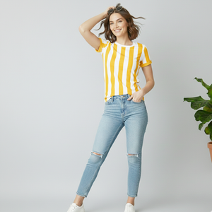 OEM Women <b>Shirts</b> in Half Sleeves and Round Shaped Neck Hot Selling <b>T</b>-<b>Shirts</b> for Women <b>Yellow</b> and White Stripes Pattern Design - Product Image 6