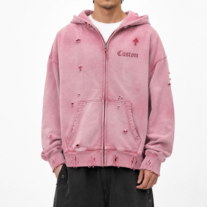 Sweat-shirt à capuche zippé rose vieilli pour homme, en molleton de coton oversize, style streetwear déchiré, fermeture éclair intégrale, décontracté, vente en gros - Product Image 1