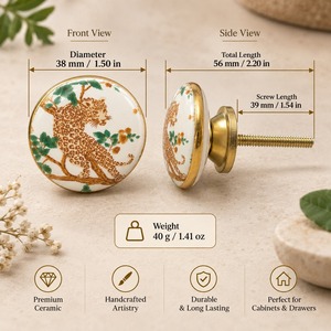 SHUBHAM Handcrafted <b>Ceramic</b> Cabinet <b>Knob</b> with Leopard Floral Design Decorative Round <b>Drawer</b> Pull Handle for Furniture - Product Image 6
