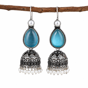 Pendientes Jhumka de Plata Oxidada Azul con Forma de Lágrima, Hechos a Mano, con Perlas, Estilo Étnico Indio Bohemio, para Mujer, Venta al por Mayor - Product Image 4