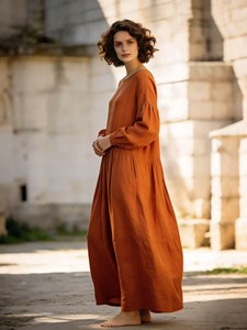 Robe longue blanche de style bohème pour femmes, manches longues, coupe ample, fluide, en coton et lin, légère, robe longue de vacances - Product Image 3