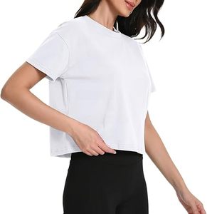 Women's White Gym <b>Cropped</b> T-Shirt Short Sleeve Crew Neck Workout Solid Color Knitted Cotton <b>Top</b> - Product Image 3
