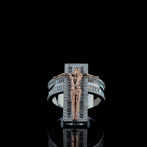 Unique Jesus <b>Cross</b> Men's <b>Ring</b> Hip-Hop Round & Baguette Cut Moissanite Diamond <b>Ring</b> 925 Sterling <b>Silver</b> Two Tone Iced Out Jewelry - Product Image 2