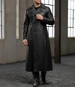 Veste en cuir noire sur mesure pour homme, manteau long en cuir noir à col noir, veste en cuir de motard à quatre poches, veste longue pour homme - Product Image 1