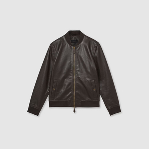 Factory Price Men Genuine Leather Waterproof Winter Bomber <b>Jacket</b> Black <b>Slim</b> <b>Fit</b> Zip-Up Spread Collar Ribbed Cuff OEM Custom Log - Product Image 2