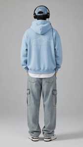 Sweat-shirt à capuche oversize bleu clair pour homme, pull-over décontracté uni avec poche avant - Product Image 4