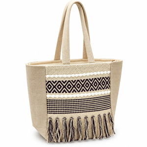 Sac fourre-tout bohème en tissu de coton avec fermeture éclair, couleur unie, pompons, idéal pour la plage et l'été - Product Image 1