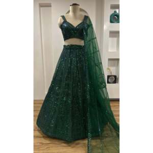 Lehenga Choli indien et pakistanais non cousu, 1400g, avec paillettes vertes et travail de dori, vêtements de fête - Product Image 4