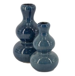 Vase double gourde en céramique émaillée bleue |   Ornement de bureau en céramique de style nordique élégant, vase en métal tendance pour la décoration intérieure, vente en gros - Product Image 1