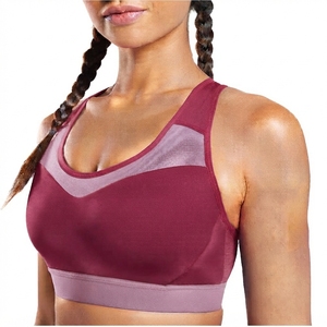 Women's Burgundy Sports Bra With <b>Mesh</b> Panel Racerback Scoop Neck Medium Support Breathable Yoga <b>Top</b> Contrast Sports Bra - Product Image 1