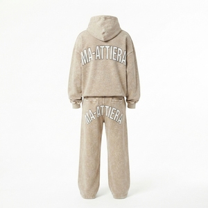 Conjunto de Sudadera con Capucha Oversize Beige Lavado y Pantalones Anchos de Felpa para Mujer, Chándal de Algodón Estilo Urbano OEM ODM - Product Image 3
