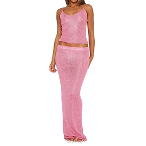 Conjunto de falda maxi y camisola de lentejuelas para mujer Traje de dos piezas de punto brillante para fiestas y eventos nocturnos Personalización de EE. UU. - Product Image 4