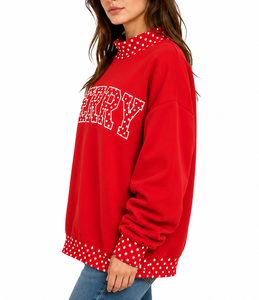 Merry <b>Red</b> Polka Dot Turtleneck <b>Sweatshirt</b> <b>Women's</b> 100% Cotton Knitted Winter Pullover Regular Fit Letter Print Front - Product Image 3