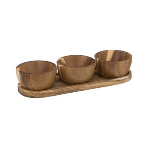Ensemble de bols à condiments en bois d'acacia faits à la main avec plateau allongé, vaisselle écologique pour apéritifs, sauces et collations - Product Image 3