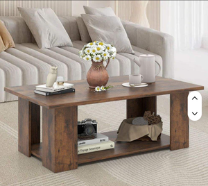 Table basse vintage en cuir, finition rustique en bois brun foncé, rectangulaire, à deux niveaux, avec étagère inférieure, pour meubles de salon - Product Image 2