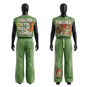 Conjunto de Camiseta sin Mangas con Estampado Gráfico de Algodón Lavado de 260 GSM y Pantalones Anchos de Mezclilla con Logotipo Personalizado para Mujer - Product Image 2