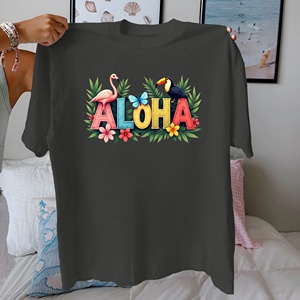 เสื้อยืดพิมพ์ลายถักนิตติ้งสำหรับผู้หญิงสไตล์ลำลองธีมทรอปิคอล ALOHA ผลิตจากผ้าฝ้าย 100% ให้ความสบาย - Product Image 5