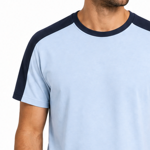 Top selling Men Raglan Sleeve T-Shirt Contrast Shoulder <b>Panel</b> <b>Light</b> Blue Navy Plain Tee - Product Image 3