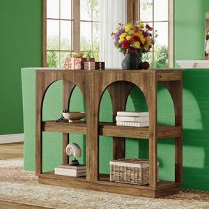 Consolle in legno moderna stile Mid-Century da 105 cm con ripiano aperto per ingresso o divano, design elegante ad arco - Product Image 5