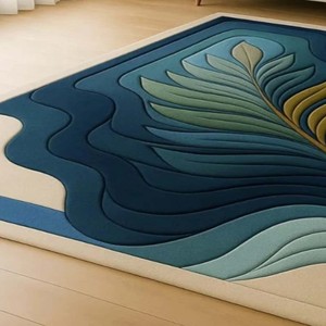 Alfombra de Lana con Diseño Botánico Abstracto, Alfombra Moderna Hecha a Mano con Diseño de Hojas Azules, Alfombra Contemporánea para Sala de Estar, Dormitorio, Decoración del Hogar - Product Image 2