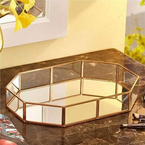 Gold <b>Mirrored</b> Tray Octagon Glass Makeup Organizer <b>Vanity</b> Decorative Perfume Cosmetic Serving Trays for Wedding <b>Table</b> Centerpiece - Product Image 1