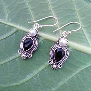 Boucles d'oreilles en perles d'onyx noir, en argent Sterling 925, bijoux faits à la main, élégants, cadeau pour femmes, fête, mariage, mode - Product Image 1