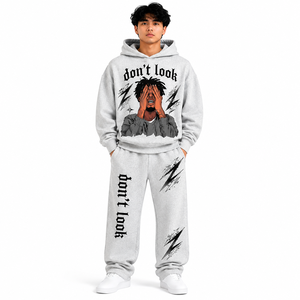 Ensemble de survêtement 2 pièces imprimé graphique : sweat à capuche et pantalon de jogging pour homme, tenue streetwear assortie, impression personnalisée, 100 % coton molletonné, vente en gros - Product Image 1